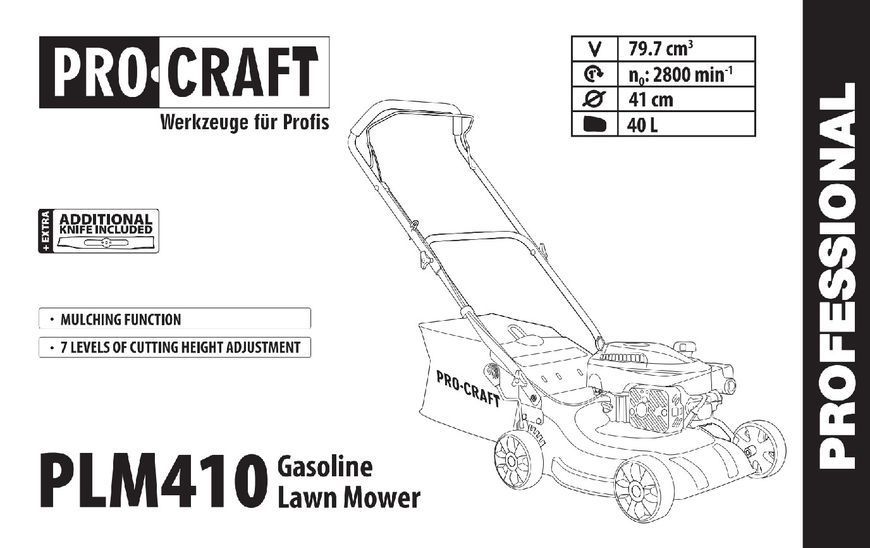 Бензиновая газонокосилка Procraft PLM410 1600 Вт, ширина кошения 41 см, травосборник 40 л 000410 фото