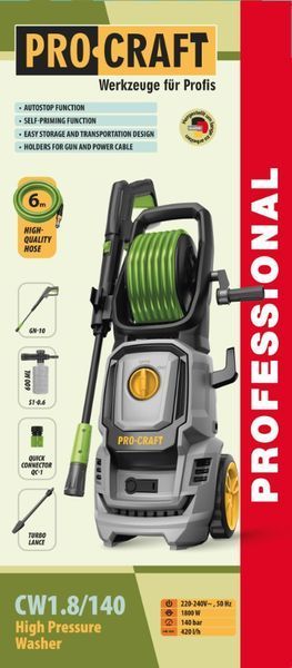 Мийка високого тиску Procraft CW1.8/140 Universal (1800Вт, 140 бар, 420 л/год, шланг 6 м) 018140 фото