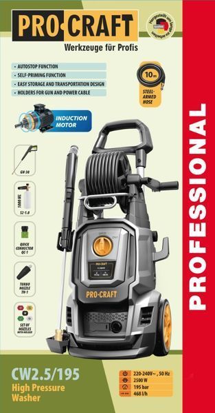 Мойка высокого давления Procraft CW2.5/195 Universal (2500Вт, 195 бар, 468 л/ч, индукционный двигатель, шланг 10 м, пеногенератор) 025195 фото