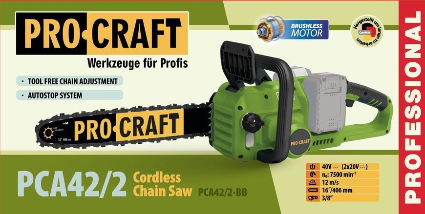 Пила ланцюгова акумуляторна PROCRAFT PCA42/2 (без АКБ та зарядного пристрою) 030422 фото Пила ланцюгова акумуляторна PROCRAFT PCA42/2 (без АКБ та зарядного пристрою) 030422 фото