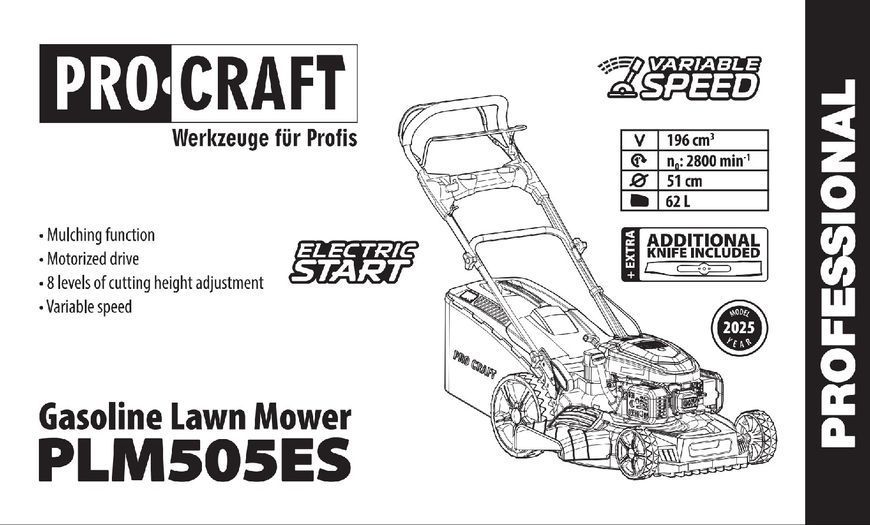 Бензинова газонокосарка PRO-CRAFT PLM-505 ES ELECTRO STARTER, 4 кВт,  62 л, 510 мм 005054 фото
