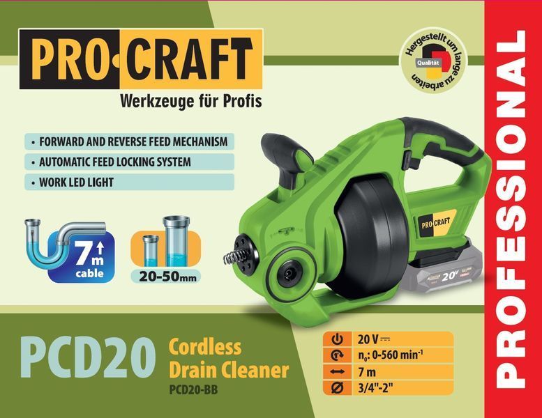 Машина для прочищення труб акумуляторна Procraft PCD20 UNIVERSAL (без АКБ та ЗП) 032002 фото