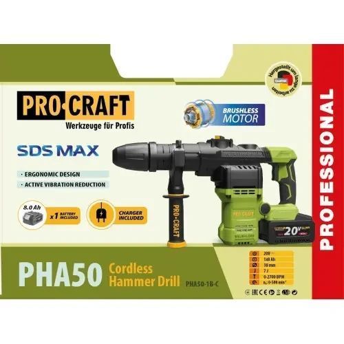 Акумуляторний перфоратор Procraft PHA50 SDS-MAX Кейс (з 1 акб та ЗП) 030050 фото