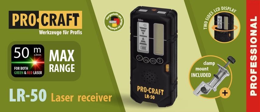 Лазерний приймач Procraft LR50 Universal для зеленого та червоного променя, до 50 м, з акумулятором і кріпленням 000504 фото