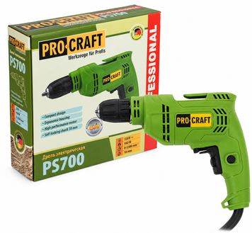 Дриль безударний PROCRAFT PS-700 (450 Вт, 3300 об/хв, швидкозатискний патрон 10 мм) 000700 фото