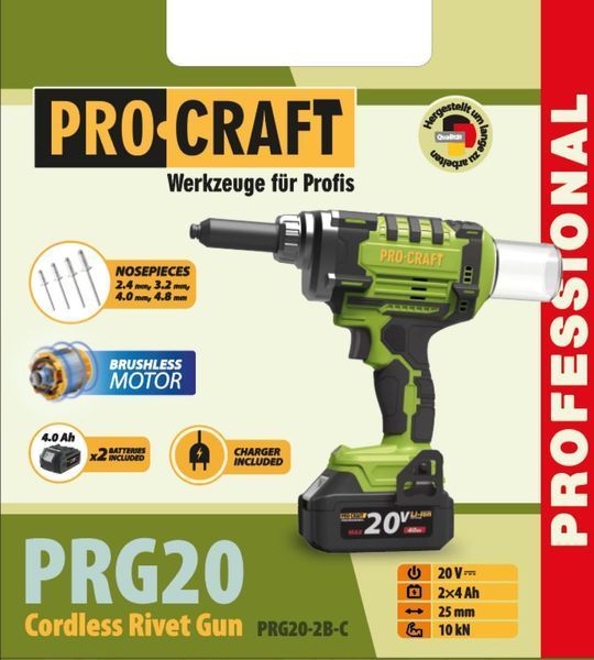 Аккумуляторный пистолет для заклепок PRO-CRAFT PRG20 Universal (2 AKБ, кейс) 030264 фото