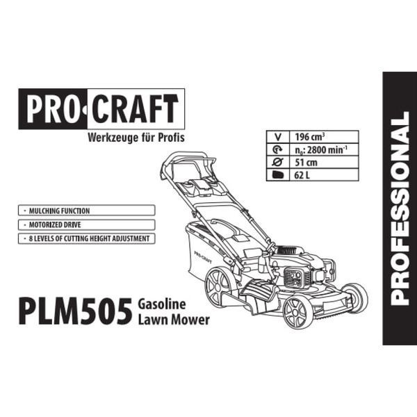 Бензинова газонокосарка Procraft PLM505 3.3 кВт, ширина косіння 51 см, травозбірник 60 л 005051 фото Бензинова газонокосарка Procraft PLM505 3.3 кВт, ширина косіння 51 см, травозбірник 60 л 005051 фото