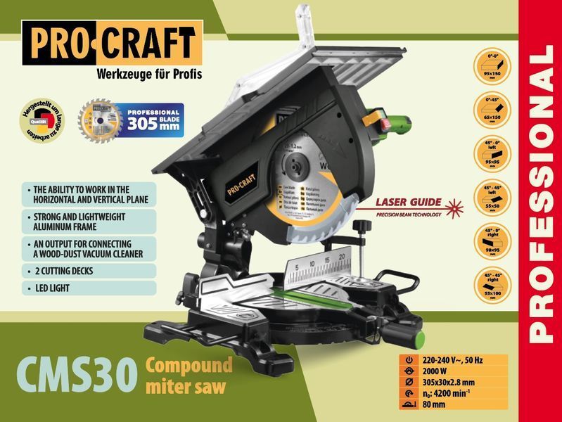 Комбінована торцювальна пила Procraft CMS30 UNIVERSAL 305 мм, 2000 Вт 000302 фото