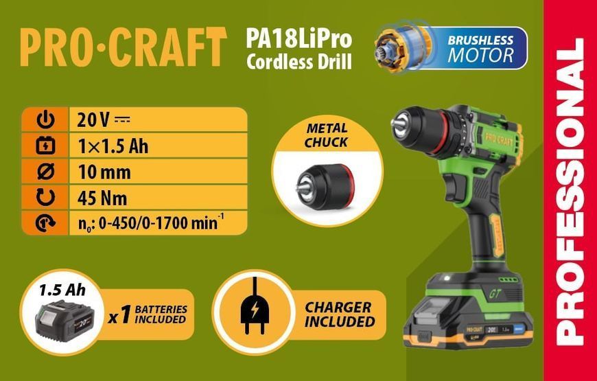 Шуруповерт аккумуляторный Procraft PA18LiPro (1 акб и зу) 000192 фото
