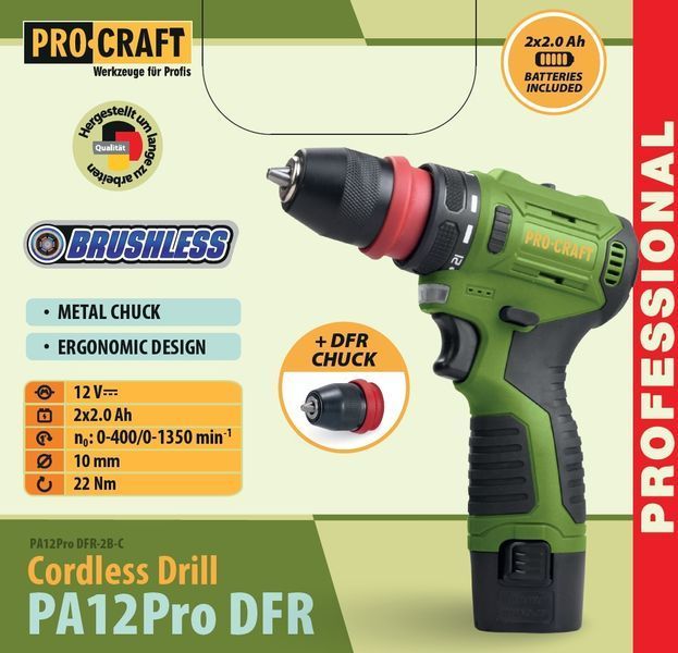 Шуруповерт акумуляторний&nbsp;Procraft PA-12PRO DFR безщітковий (з 2АКБ та ЗП) 000128 фото