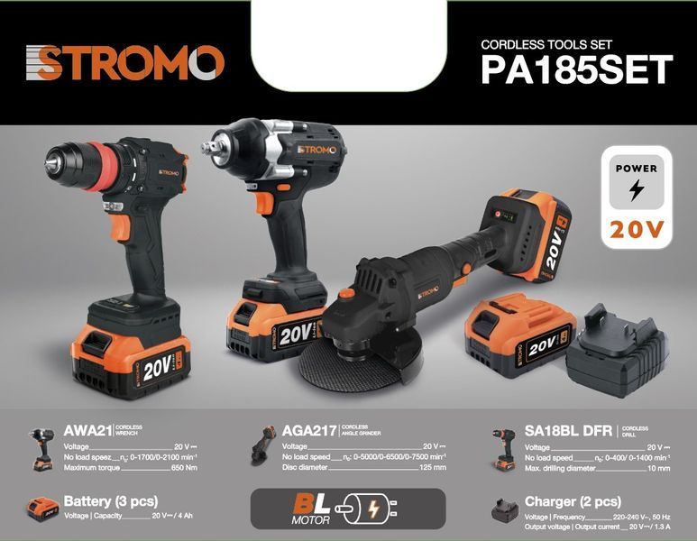 Набір акумуляторного інструменту STROMO PA185SET 20 В &mdash; болгарка 125 мм, гайковерт 650 Нм, шурупокрут, 3 АКБ 4 А&middot;год, 2 зп 300185 фото