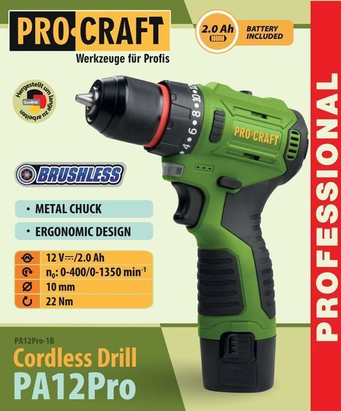 Шуруповерт акумуляторний&nbsp;Procraft PA-12PRO безщітковий (з 1АКБ та ЗП) 000129 фото
