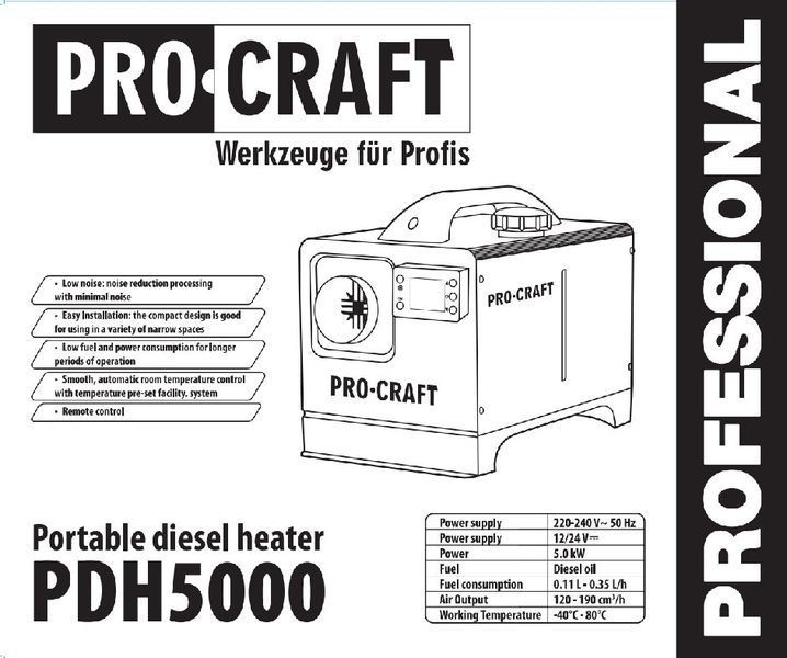 Портативный дизельный обогреватель PROCRAFT PDH5000 (5.0 кВт, 12/24В, 220В, пульт ДУ) 12141725 фото