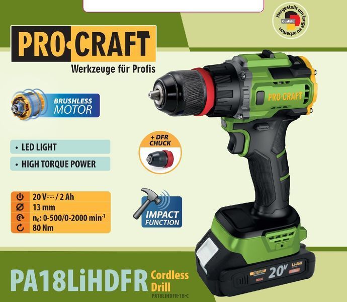 Шуруповерт акумуляторний PRO-CRAFT PA18LiH DFR Universal 20V 2Ah, безщітковий, ударний, патрон 13 мм 001821 фото