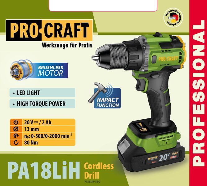 Шуруповерт акумуляторний PRO-CRAFT PA18LiH Universal 20V 2Ah, безщітковий, ударний, патрон 13 мм 001822 фото