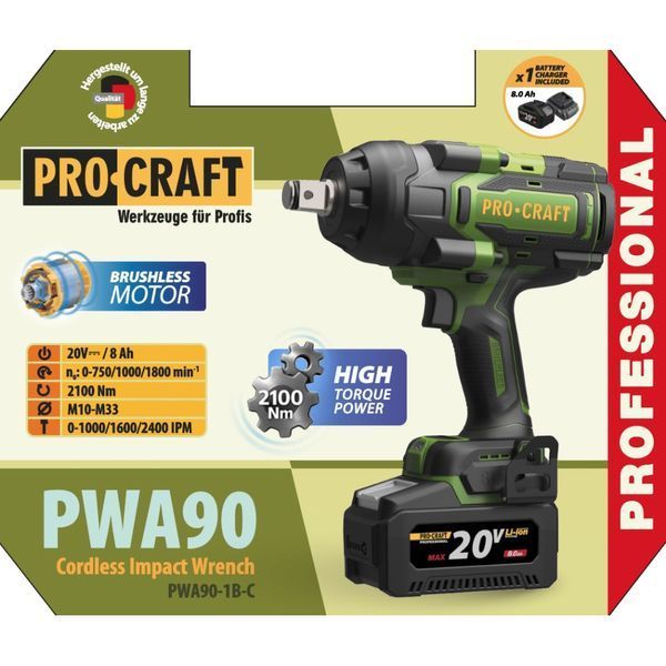 Гайковерт акумуляторний Procraft PWA90 (1 АКБ 20V 8Ah, ЗП, кейс) 030090 фото